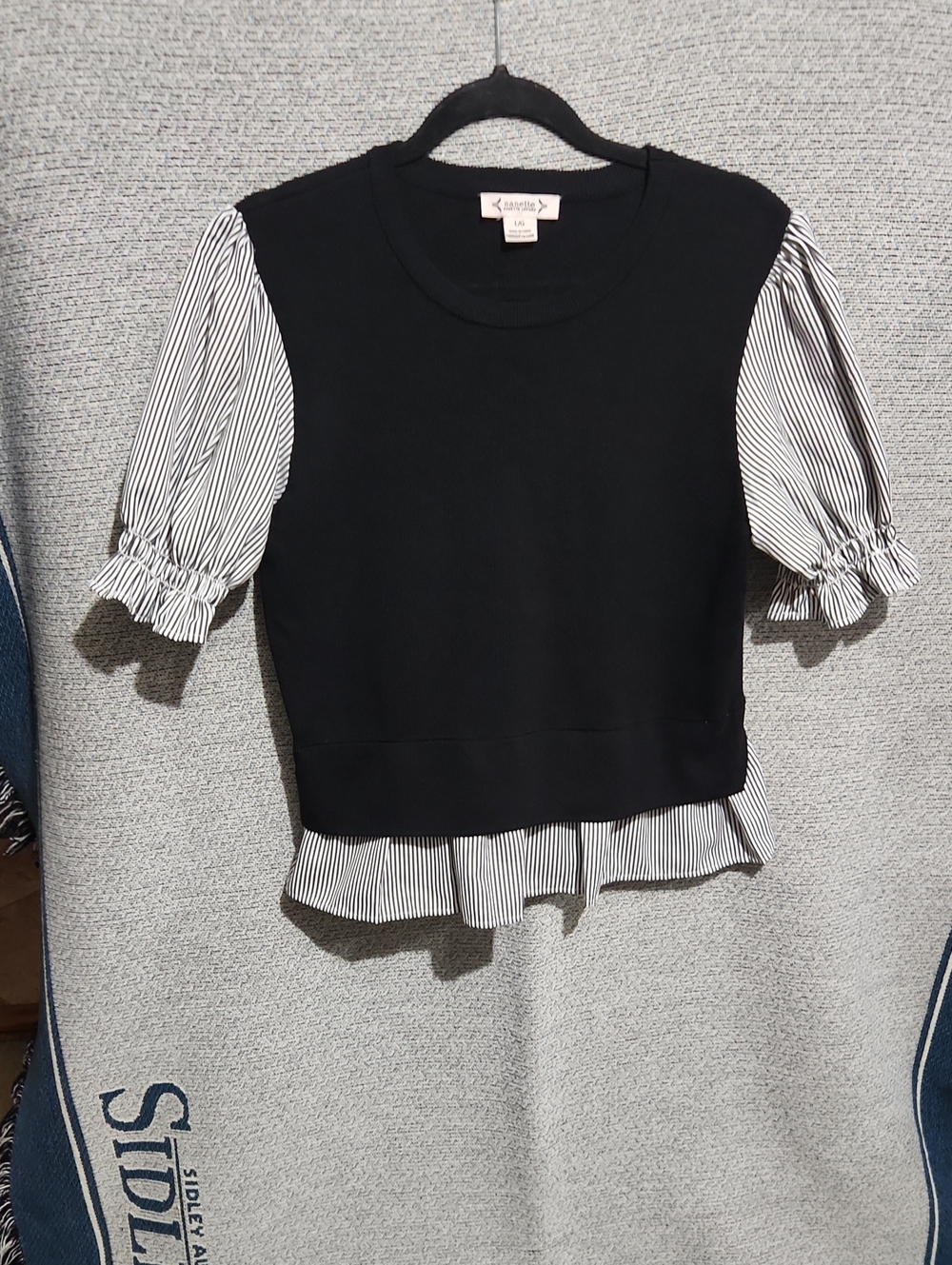 Nanette Lepore Black Top with Black-and-White Striped Puff Sleeves